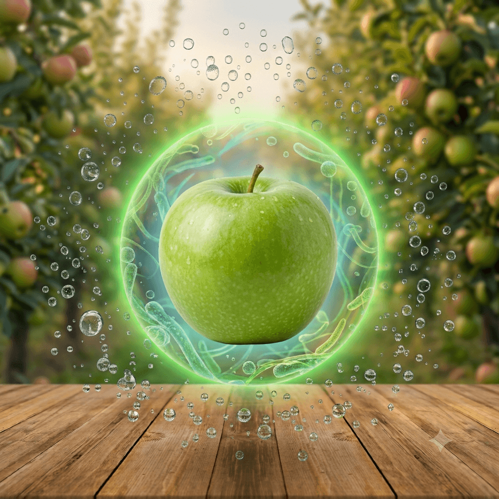 An apple protected within a shield formed by a water droplet, representing Ducura's biological defense