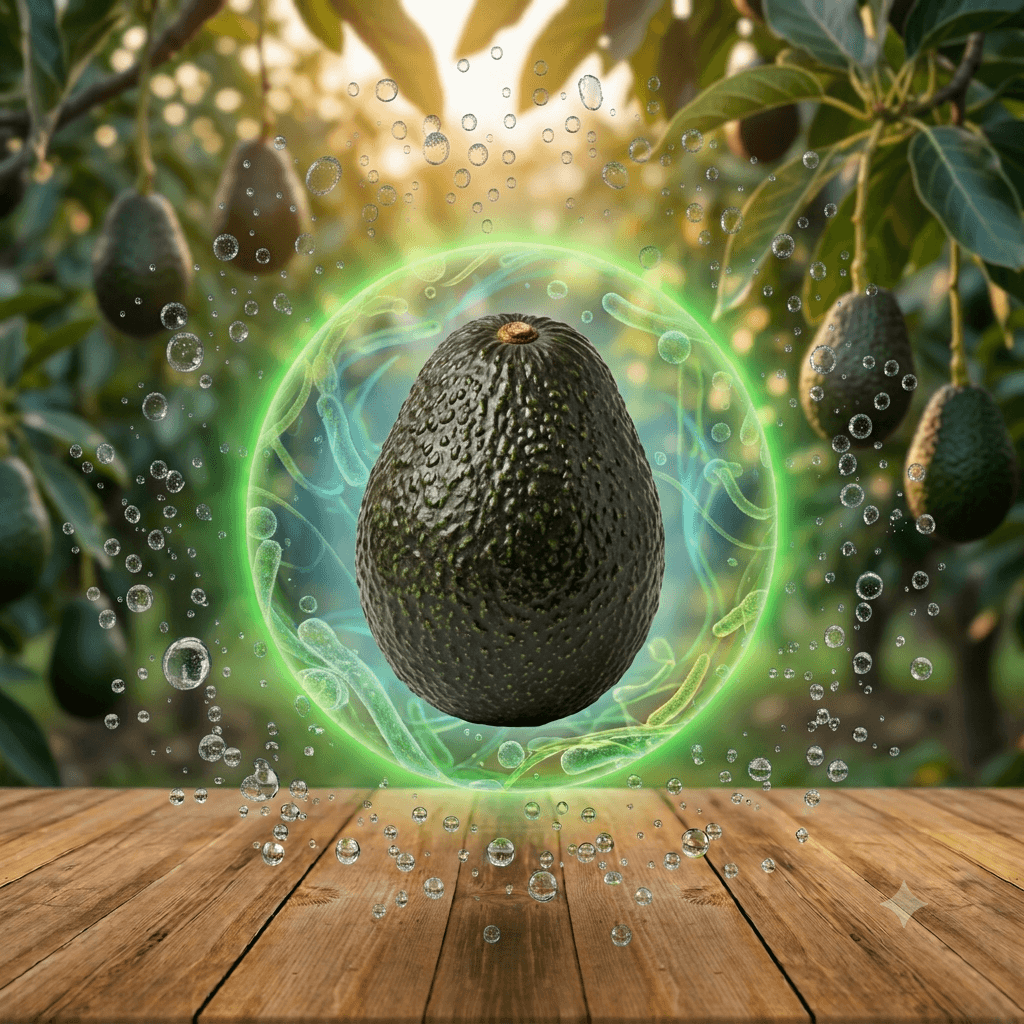 Water droplet resting on a fresh avocado, symbolizing Ducura's biological crop protection